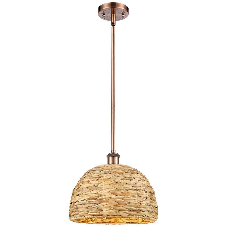Image 1 Woven Rattan 12 inch Wide Antique Copper Stem Hung Pendant With Natural Sh