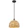 Woven Rattan 12" Wide Black Antique Brass Corded Pendant With Natural 