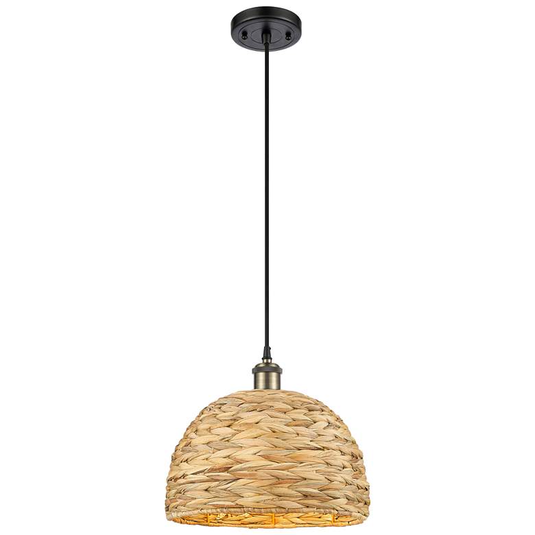 Image 1 Woven Rattan 12 inch Wide Black Antique Brass Corded Pendant With Natural 