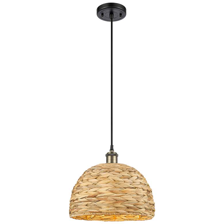 Image 1 Woven Rattan 12" Wide Black Antique Brass Corded Pendant With Natural