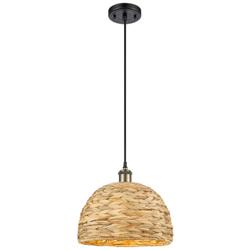Woven Rattan 12&quot; Wide Black Antique Brass Corded Pendant With Natural