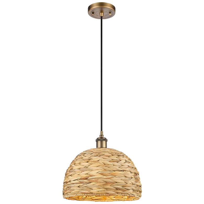 Image 1 Woven Rattan 12" Wide Brushed Brass Corded Pendant With Natural Shade