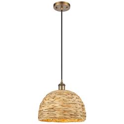 Woven Rattan 12" Wide Brushed Brass Corded Pendant With Natural Shade