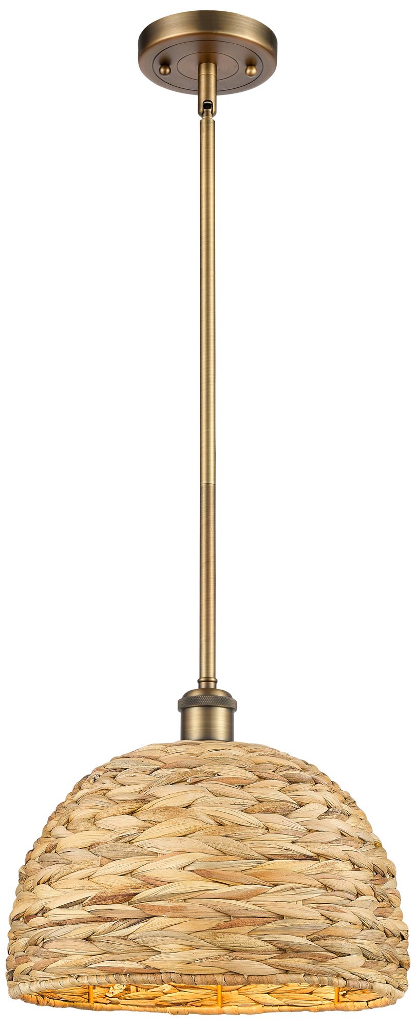 Woven Rattan 12" Wide Brushed Brass Dome Mini Pendant