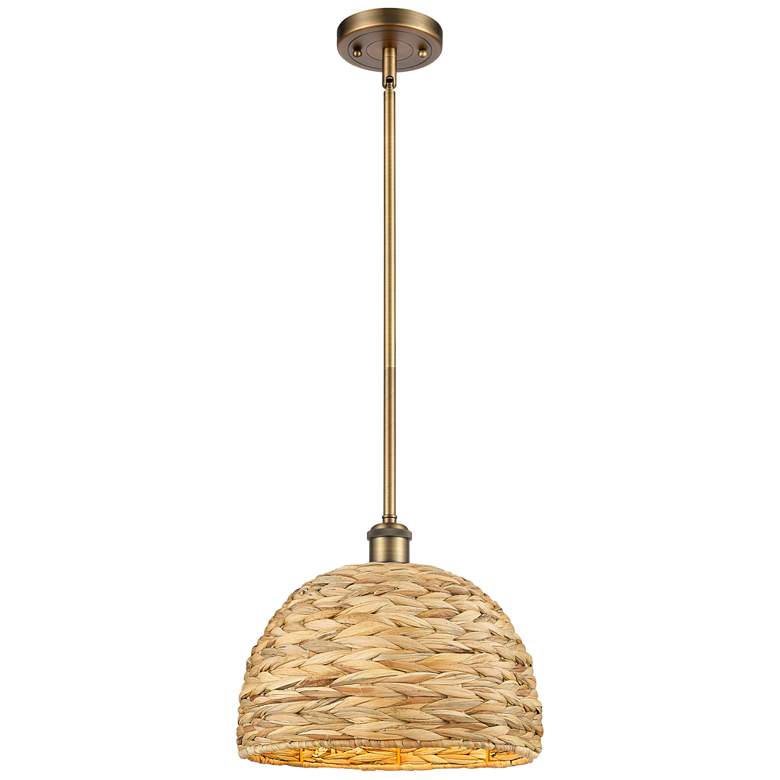 Image 1 Woven Rattan 12" Wide Brushed Brass Dome Mini Pendant