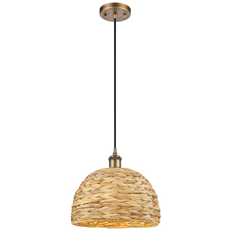 Image 1 Woven Rattan 12" Wide Brushed Brass Mini Pendant