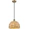 Woven Rattan 12" Wide Brushed Brass Mini Pendant