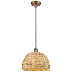 Woven Rattan 12" Wide Brushed Brass Stem Hung Pendant With Natural Sha