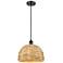 Woven Rattan 12" Wide Matte Black Corded Pendant With Natural Shade