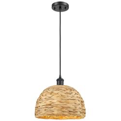 Woven Rattan 12&quot; Wide Matte Black Corded Pendant With Natural Shade