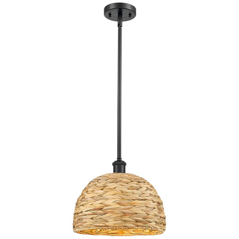 Image 1 Woven Rattan 12" Wide Matte Black Natural Mini Pendant