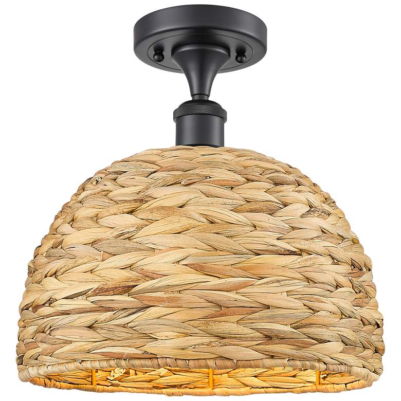 Image 1 Woven Rattan 12" Wide Matte Black Semi.Flush Mount With Natural Shade
