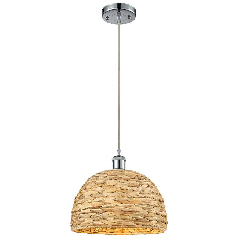 Image 1 Woven Rattan 12 inch Wide Polished Chrome Corded Pendant With Natural Shad