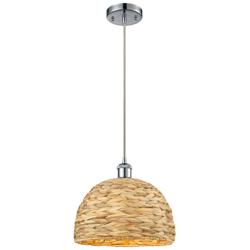 Woven Rattan 12&quot; Wide Polished Chrome Corded Pendant With Natural Shad