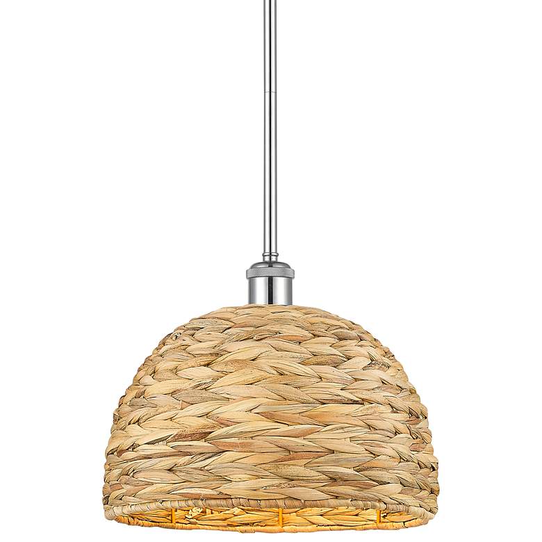 Image 1 Woven Rattan 12" Wide Polished Chrome Dome Mini Pendant