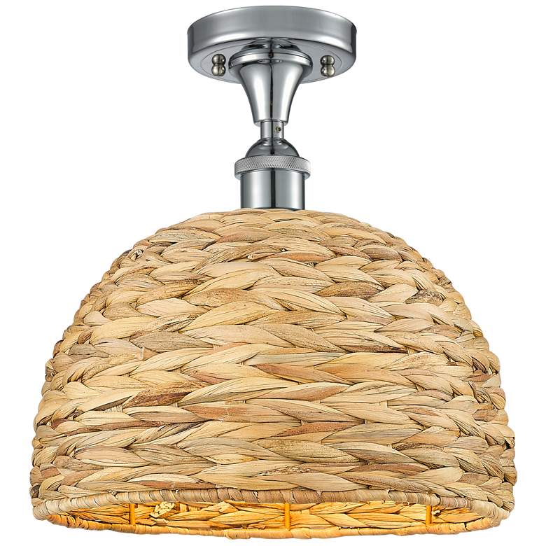 Image 1 Woven Rattan 12 inch Wide Polished Chrome Semi.Flush Mount With Natural Sh