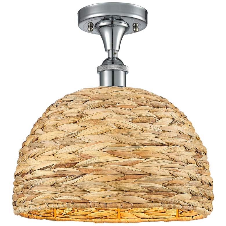 Image 1 Woven Rattan 12" Wide Polished Chrome Semi.Flush Mount With Natural Sh
