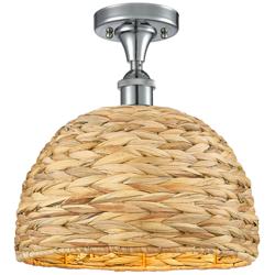 Woven Rattan 12&quot; Wide Polished Chrome Semi.Flush Mount With Natural Sh