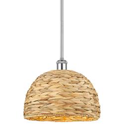 Woven Rattan 12&quot; Wide Polished Chrome Stem Hung Pendant With Natural S