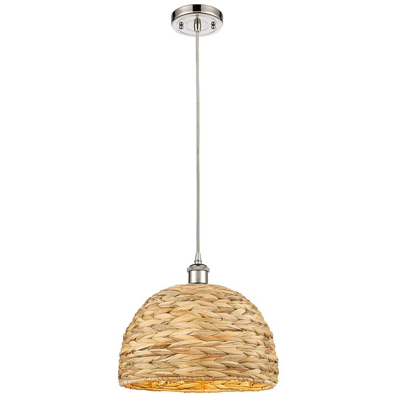 Image 1 Woven Rattan 12" Wide Polished Nickel Corded Pendant With Natural Shad