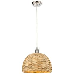 Woven Rattan 12" Wide Polished Nickel Corded Pendant With Natural Shad