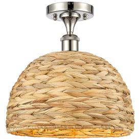 Woven Rattan 12" Wide Polished Nickel Semi.Flush Mount With Natural Sh Woven Rattan 12" Wide Polished Nickel Semi.Flush Mount With Natural Sh