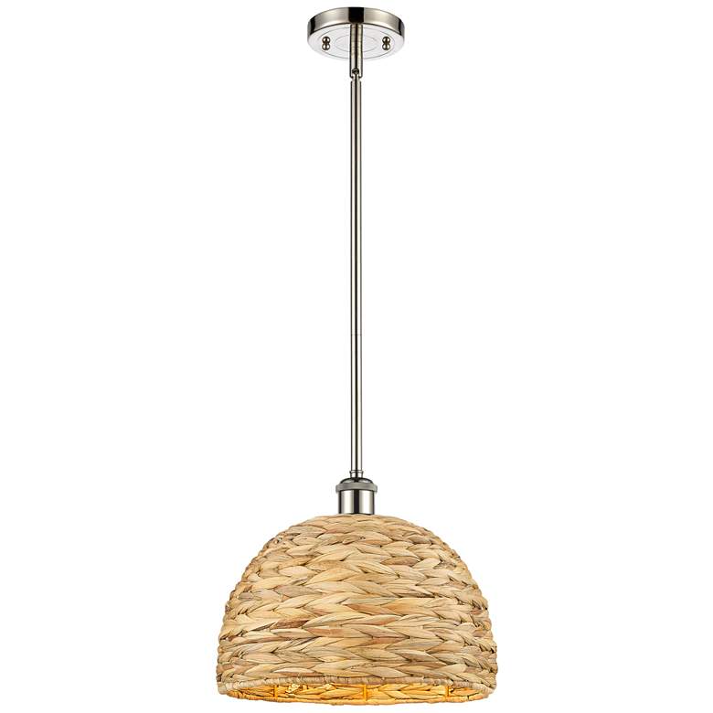 Image 1 Woven Rattan 12 inch Wide Polished Nickel Stem Hung Pendant With Natural S