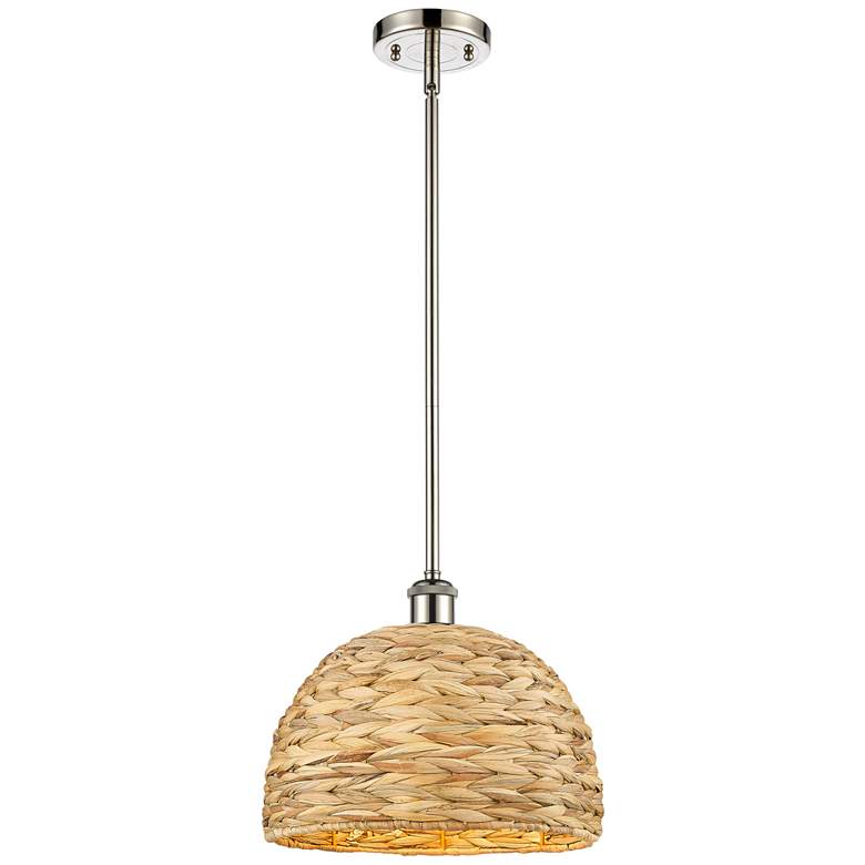 Image 1 Woven Rattan 12" Wide Polished Nickel Stem Hung Pendant With Natural S