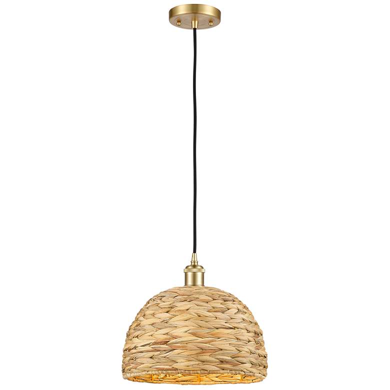 Image 1 Woven Rattan 12" Wide Satin Gold Corded Pendant With Natural Shade