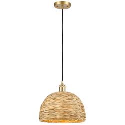 Woven Rattan 12&quot; Wide Satin Gold Corded Pendant With Natural Shade