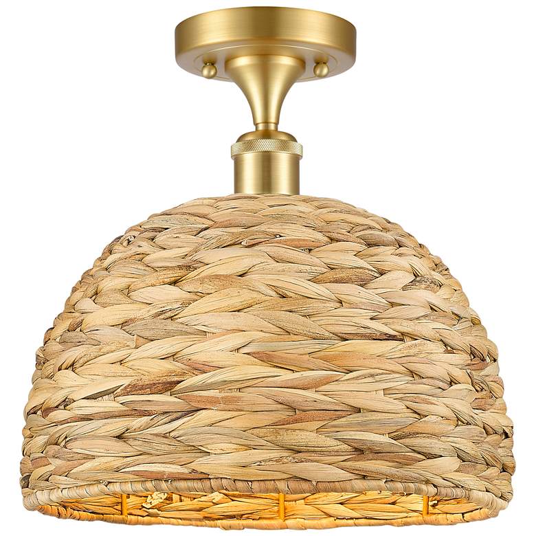 Image 1 Woven Rattan 12" Wide Satin Gold Semi.Flush Mount With Natural Shade