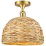 Woven Rattan 12" Wide Satin Gold Semi.Flush Mount With Natural Shade