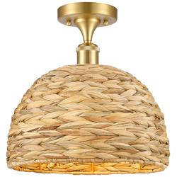 Woven Rattan 12&quot; Wide Satin Gold Semi.Flush Mount With Natural Shade