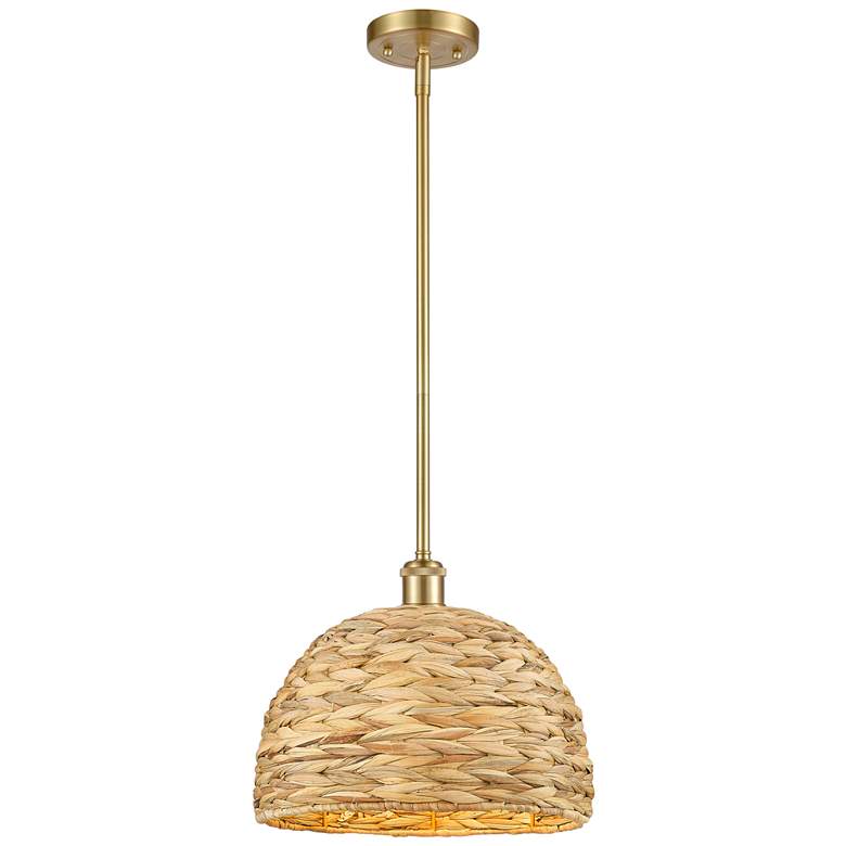 Image 1 Woven Rattan 12" Wide Satin Gold Stem Hung Pendant With Natural Shade