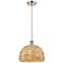 Woven Rattan 12" Wide Satin Nickel Corded Pendant With Natural Shade