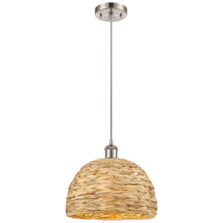 Image 1 Woven Rattan 12 inch Wide Satin Nickel Corded Pendant With Natural Shade