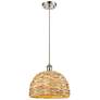 Woven Rattan 12" Wide Satin Nickel Corded Pendant With Natural Shade