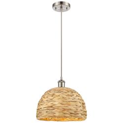 Woven Rattan 12" Wide Satin Nickel Corded Pendant With Natural Shade