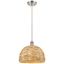 Woven Rattan 12" Wide Satin Nickel Corded Pendant With Natural Shade Woven Rattan 12" Wide Satin Nickel Corded Pendant With Natural Shade