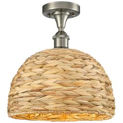 Woven Rattan 12&quot; Wide Satin Nickel Semi.Flush Mount With Natural Shade
