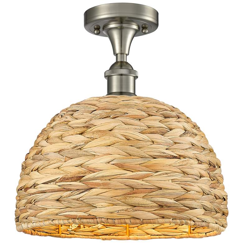 Image 1 Woven Rattan 12" Wide Satin Nickel Semi.Flush Mount With Natural Shade