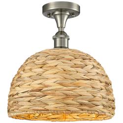 Woven Rattan 12" Wide Satin Nickel Semi.Flush Mount With Natural Shade