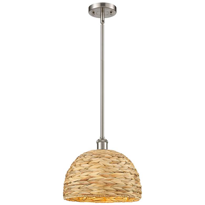 Image 1 Woven Rattan 12 inch Wide Satin Nickel Stem Hung Pendant With Natural Shad
