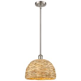 Woven Rattan 12" Wide Satin Nickel Stem Hung Pendant With Natural Shad Woven Rattan 12" Wide Satin Nickel Stem Hung Pendant With Natural Shad