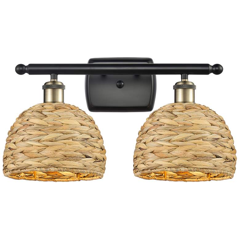 Image 1 Woven Rattan 12"H Black Antique Brass 2-Light Wall Sconce
