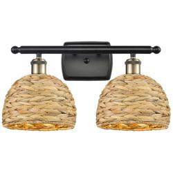 Woven Rattan 12"H Black Antique Brass 2-Light Wall Sconce