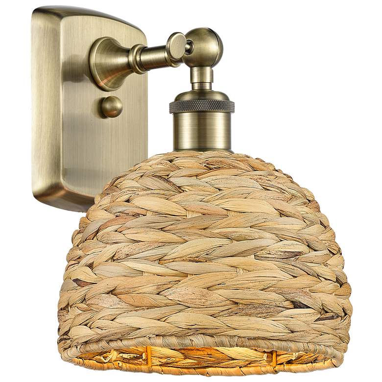 Image 1 Woven Rattan 12"High Antique Brass Wall Sconce With Natural Shade