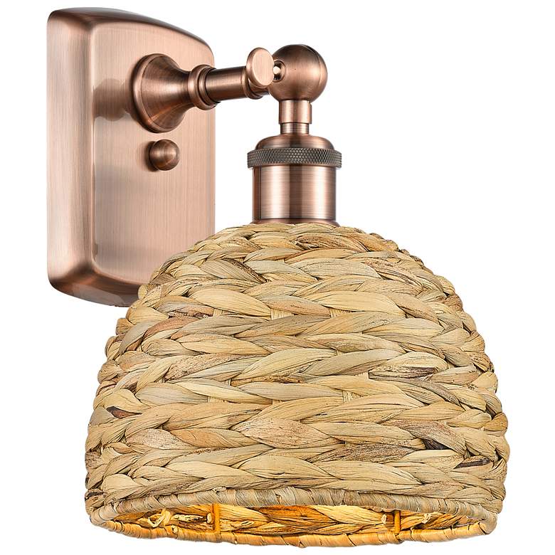 Image 1 Woven Rattan 12"High Antique Copper Wall Sconce With Natural Shade
