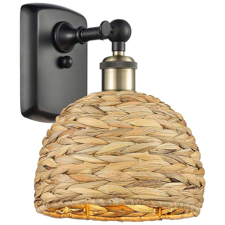 Image 1 Woven Rattan 12"High Black Antique Brass Wall Sconce With Natural Shad
