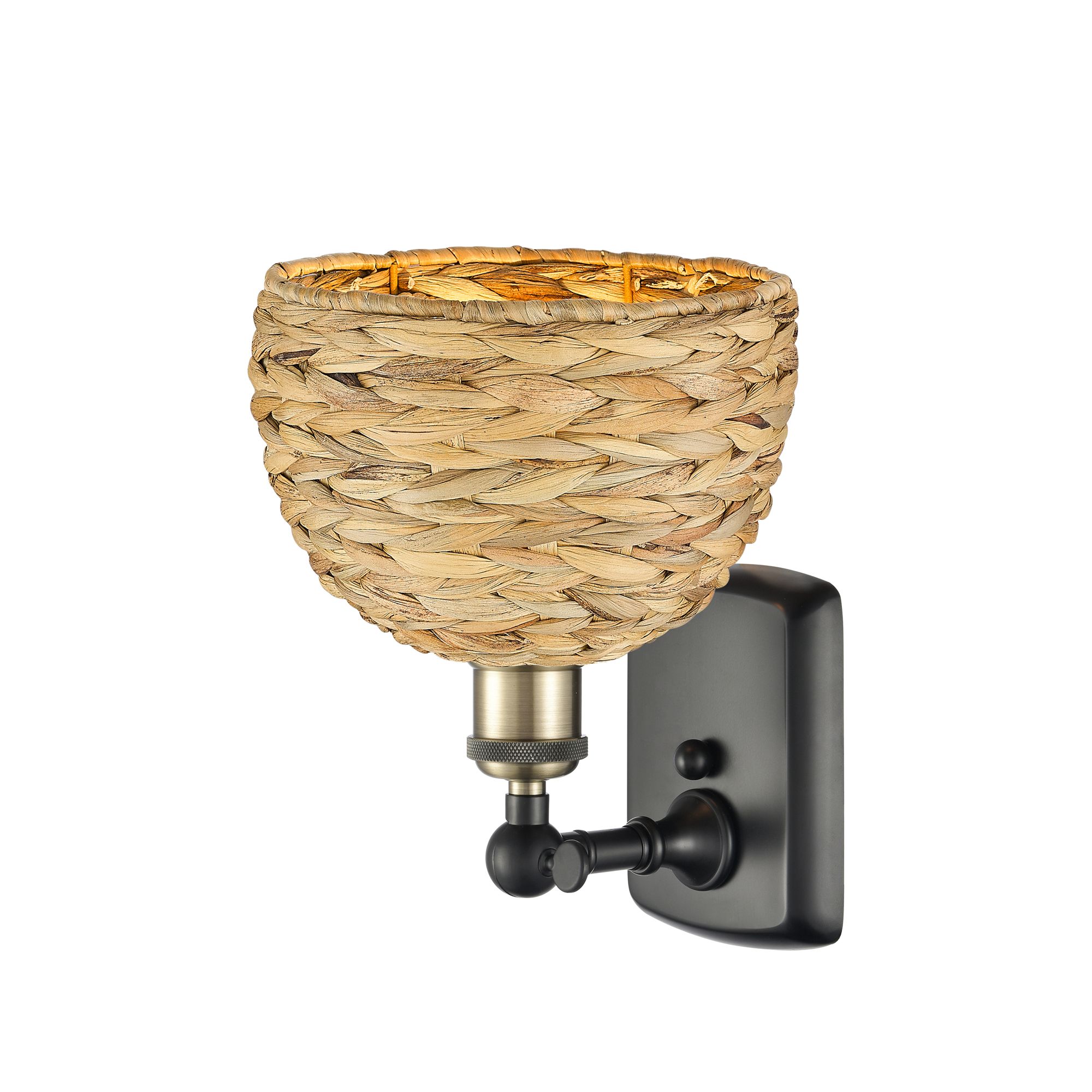 Image 3 Woven Rattan 12"High Black Antique Brass Wall Sconce With Natural Shad more views